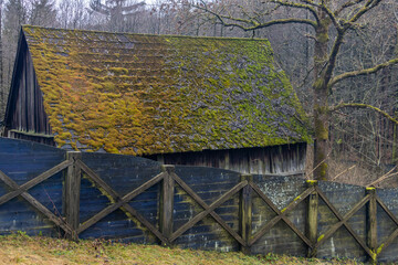 Old building with moss on the roof near the autumn forest © milkovasa