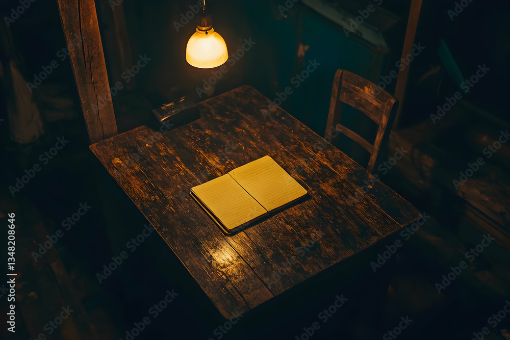 Poster open notebook on rustic wooden table under warm lamplight; evokes feelings of introspection and crea