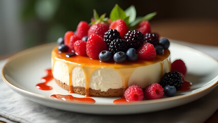 Luxurious vegan cheesecake with cashews and berries. Agave syrup creates a sweet and indulgent dessert.