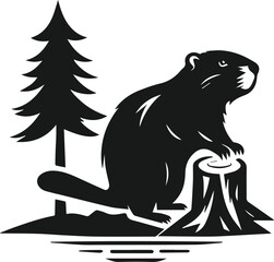 Beaver standing near a partially felled tree vector