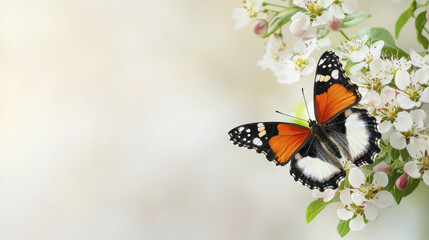 Obraz premium butterfly resting on white flowers, showcasing vibrant orange and black wings. serene background enhances beauty of nature