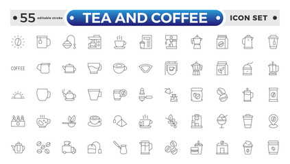 Tea and Coffee outline icon set. coffee icons Pixel perfect. coffee, mug, coffee cup, coffee machine, coffee beans, etc. Editable stroke outline icon. 
