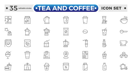 Tea and Coffee outline icon set. coffee icons Pixel perfect. coffee, mug, coffee cup, coffee machine, coffee beans, etc. Editable stroke outline icon. 
