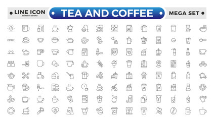 Tea and Coffee outline icon set. coffee icons Pixel perfect. coffee, mug, coffee cup, coffee machine, coffee beans, etc. Editable stroke outline icon. 
