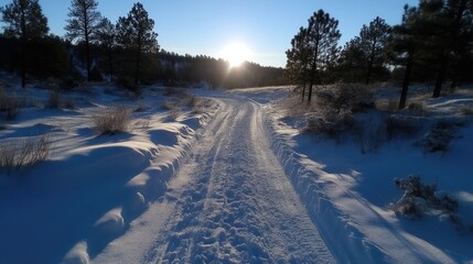 Winter wonderland path through snowy forest at sunrise