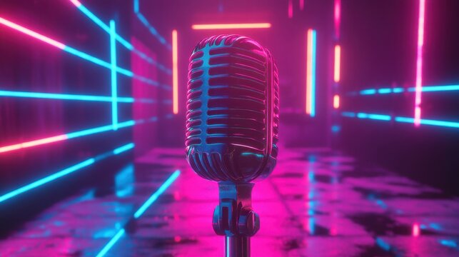 Vintage microphone with neon lights shining in karaoke night - Powered by Adobe