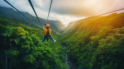 An adrenaline-pumping image of a zipline course suspended high above lush greenery, showcasing the excitement of outdoor adventure activities.