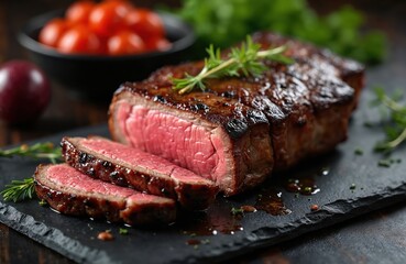 Grilled sliced steak on slate board. Barbecue porterhouse, tomahawk steak, medium rare fillet cut. Food catering menu. Juicy meat, rosemary, cherry tomatoes. Restaurant menu, culinary art.