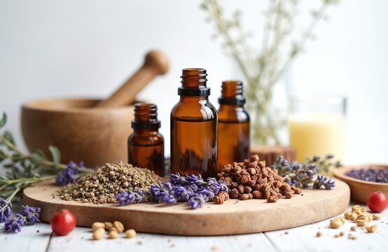 Essential oils, herbs, naturopathy blend ingredients on wooden table. Natural remedies, herbal medicine, homeopathic, aromatherapy. Alternative treatments, botanical blends for health, wellness.