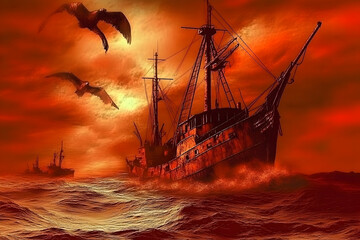 Obraz premium Dramatic ocean scene featuring a weathered sailing ship at sea under a fiery sunset, accompanied by soaring birds.