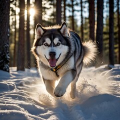 Naklejka premium Winter Play: Alaskan Malamute Dashes Through a Snowy Pine Forest