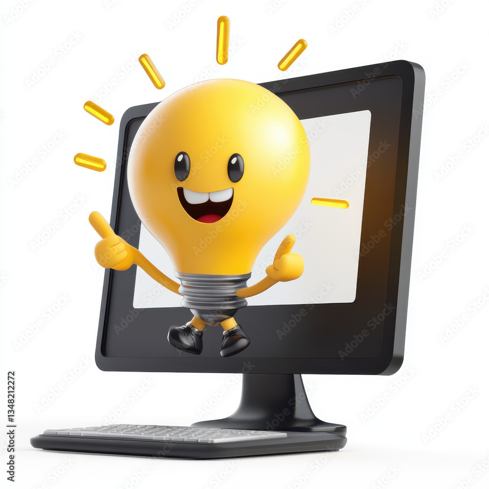 Aufkleber cheerful character resembling light bulb is pointing at computer monitor, symbolizing creativity and