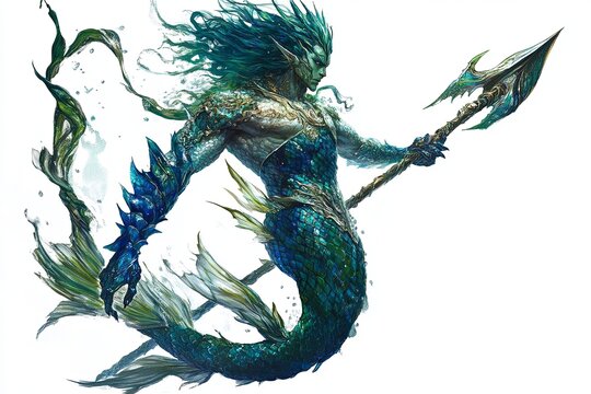 Merfolk warrior holding a spear emerges from ocean depths in a vivid underwater realm at twilight