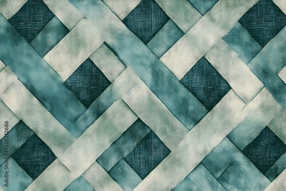 Poster elegant woven fabric texture with interlacing bands in teal and gray tones, creating a visually appe