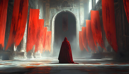 A cloaked figure kneels in a grand, dimly lit hall adorned with crimson banners, creating a mysterious and solemn atmosphere