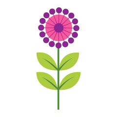 Colorful Geometric Flower Vector Art. Purple Circle Flower with Pink Center and Green Leaves Illustration