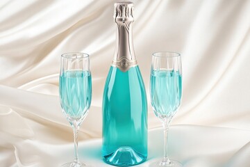 Luxurious turquoise sparkling wine bottle and crystal glasses on white silk backdrop create an elegant setting for celebration