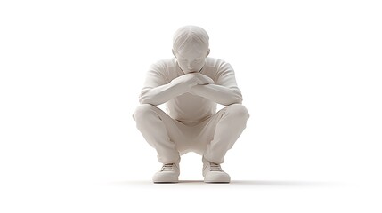 Contemplative action of a man in white studio setting sculpture art