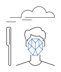 Facial recognition with geometric map on human face, phone nearby, cloud above, lines representing connectivity. Ideal for technology, AI, data privacy, security, cloud computing biometrics future