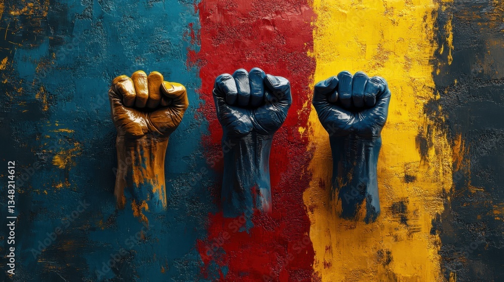Aufkleber vibrant and powerful fists clenched against a colorful background representing unity and strength