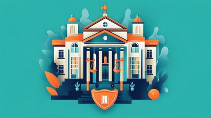 Law court building illustration, justice scales, stylized design