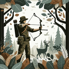 Emblema silueteada de un cazador en la naturaleza en estilo de gr&aacute;ficos vectoriales coloridos EPS10: dise&ntilde;o plano, tonos vivos, minimalismo, mostrando la figura de un cazador entre bosque y monta&ntilde;as a