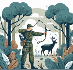 Emblema silueteada de un cazador en la naturaleza en estilo de gr&aacute;ficos vectoriales coloridos EPS10: dise&ntilde;o plano, tonos vivos, minimalismo, mostrando la figura de un cazador entre bosque y monta&ntilde;as a