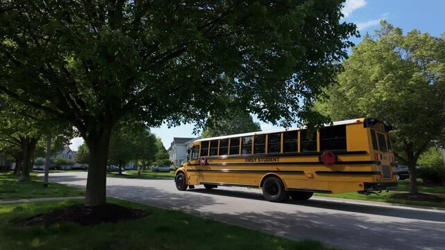 The school bus is waiting for the students on the beautiful suburb area with townhouses. Steady camera shoot.