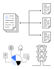 Stack of documents connected to subfiles with lines, pie chart dividing resources, blockchain cryptocurrency, real estate, certified contracts, and traffic light hierarchy structure. Ideal