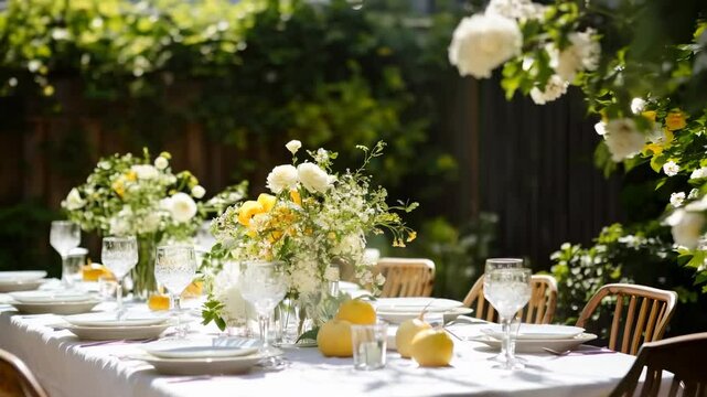 Aerial video view of an elegant outdoor dining table set with flowers and lemons, capturing a sunny, inviting garden atmosphere.