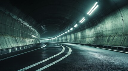 Driving Through Dark Tunnel with Lights and White Lines on Asphalt