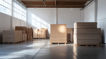 Stacks of Wood Planks in a Bright Industrial Warehouse with Concrete Floor and Timber Beams