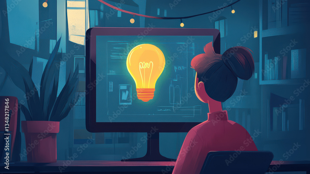 Poster person sitting in front of computer monitor displaying glowing light bulb, symbolizing creativity an