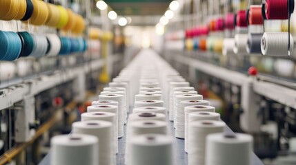 Rows of White Thread Spools in a Textile Factory