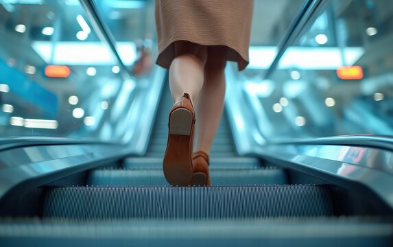 A Womans Journey Upward Brown Shoes and a Beige Skirt ascend a modern escalator, a blur of teal and light behind.