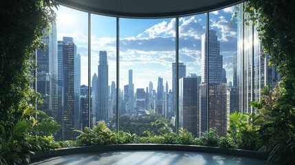 Fototapeta premium Urban Oasis: A Panoramic View of City Skyline from a Green Sanctuary