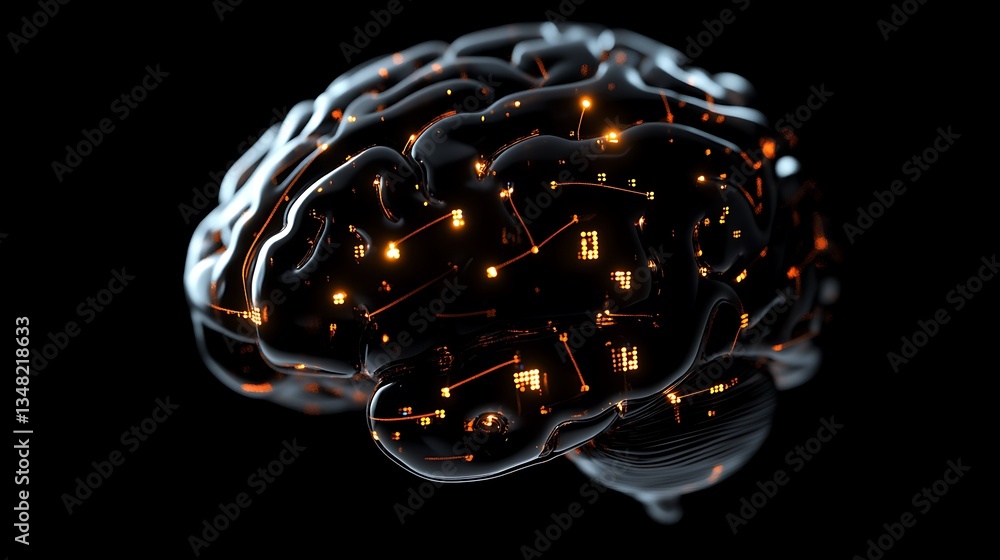 Poster illuminated neural pathways: a 3d render of a human brain with glowing circuits