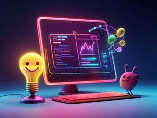 vibrant computer monitor displays colorful data visualizations alongside cheerful light bulb and friendly character, creating lively and engaging workspace