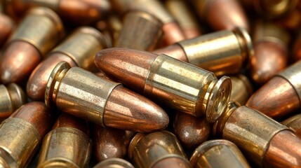 Pile of bullets with brass casings and copper tips, close-up, ammunition