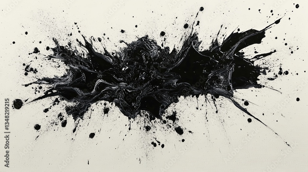 Poster dynamic black abstract art with splashes and swirls, showcasing energy and movement on a minimalist 
