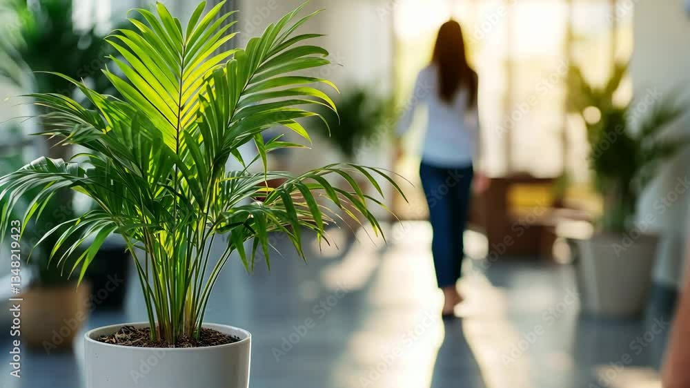 Poster office environment with people working casually and greenery generative ai