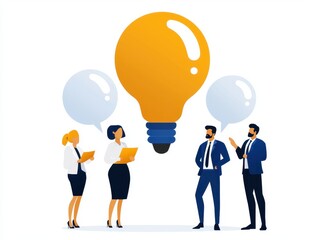 Business Team Brainstorming New Ideas Around a Large Lightbulb