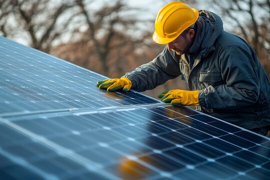 Technician inspecting solar panels outdoors