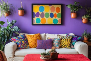 Colorful, vibrant living room with plants and art