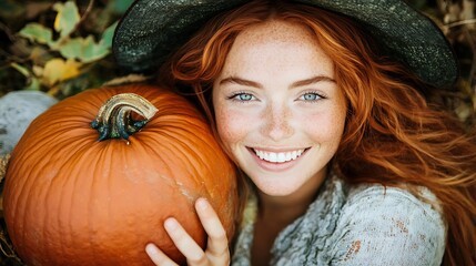 Woman with pumpkin and smiling during Halloween