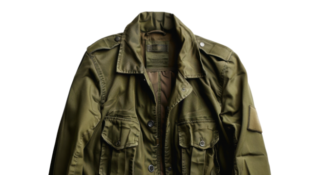 Close-up of military style jacket with transparent background