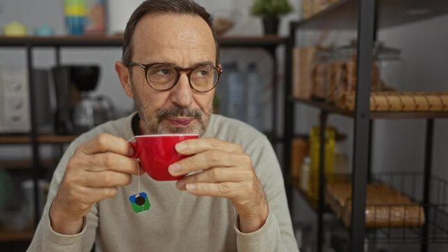 Mature man wearing glasses drinking tea from a red cup in a cozy kitchen with shelves and household items visible in the background.