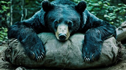 Majestic bear resting on a log in lush forest wildlife photography serene nature close-up perspective