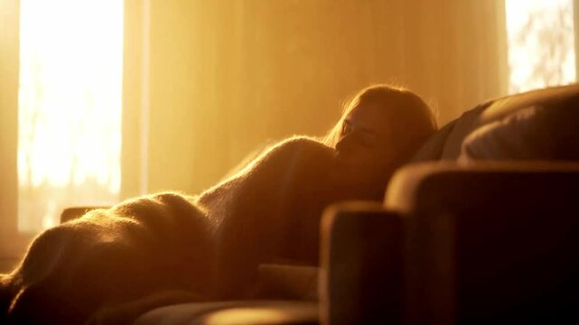 Cinematic 4K shot of woman peacefully napping on plush couch with soft throw blanket, warm golden-hour sunlight streaming through windows creating comforting, rejuvenating mood