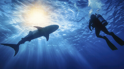 Diver swimming with shark in clear blue ocean waters, sunlight filtering through